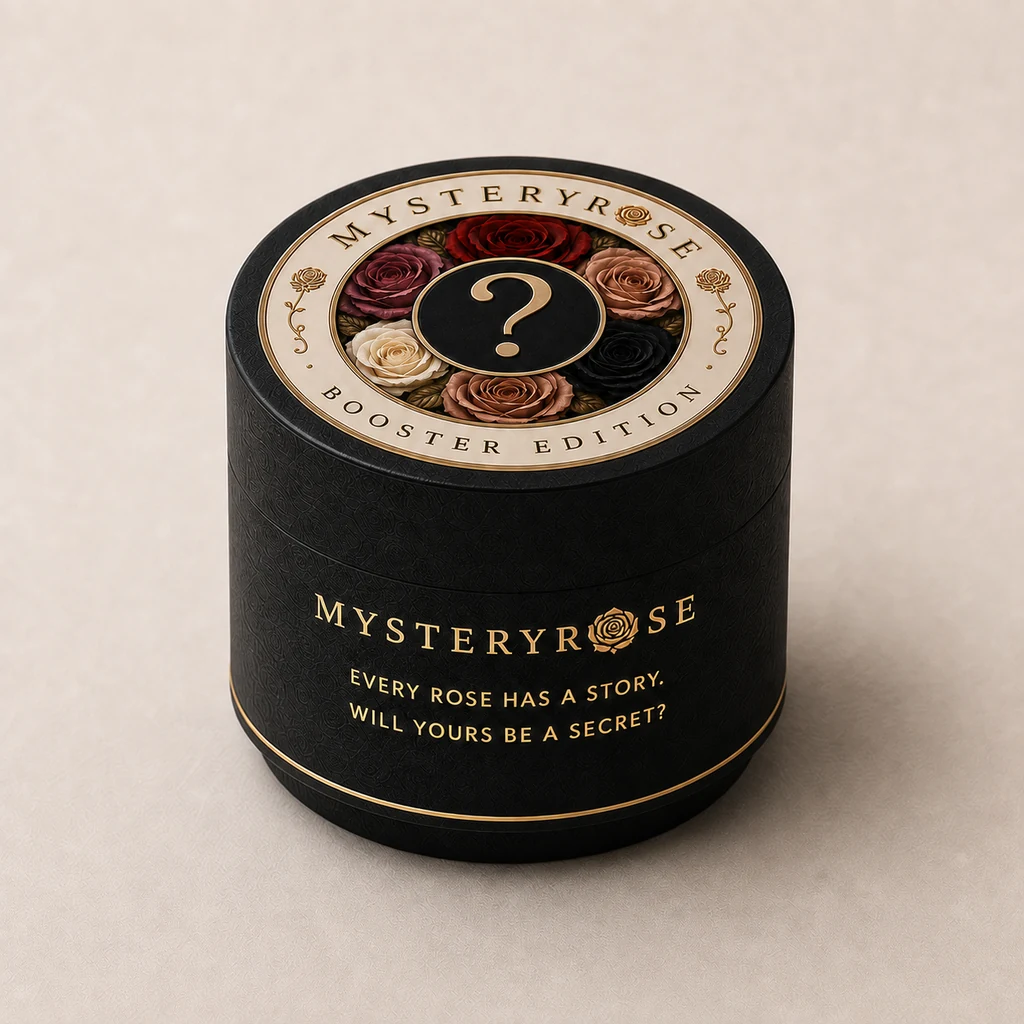 MysteryRose black presentation box with the hero rose sigil and a Booster Edition inscription on the lid.
