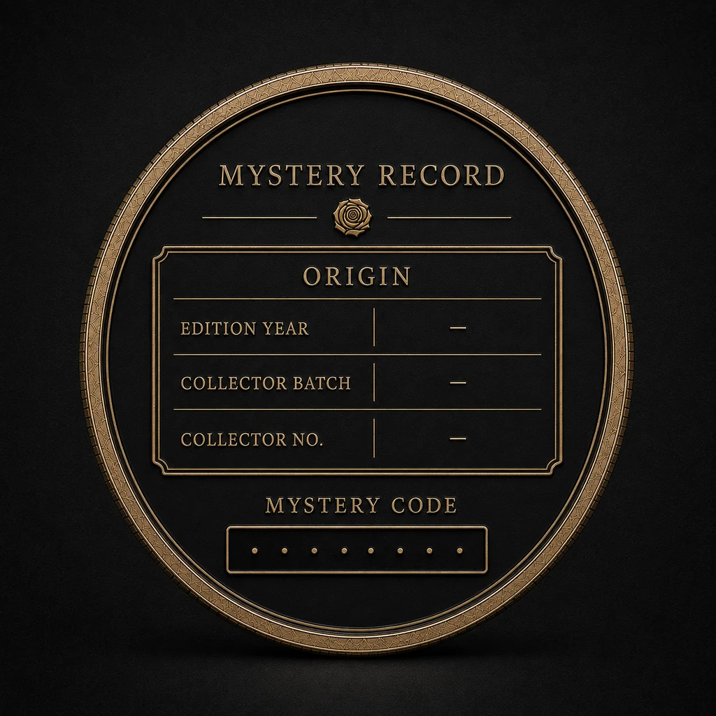 Unpersonalized Mystery Record coin reverse design concept with blank edition year, collector batch and collector number fields, plus a placeholder Mystery Code.