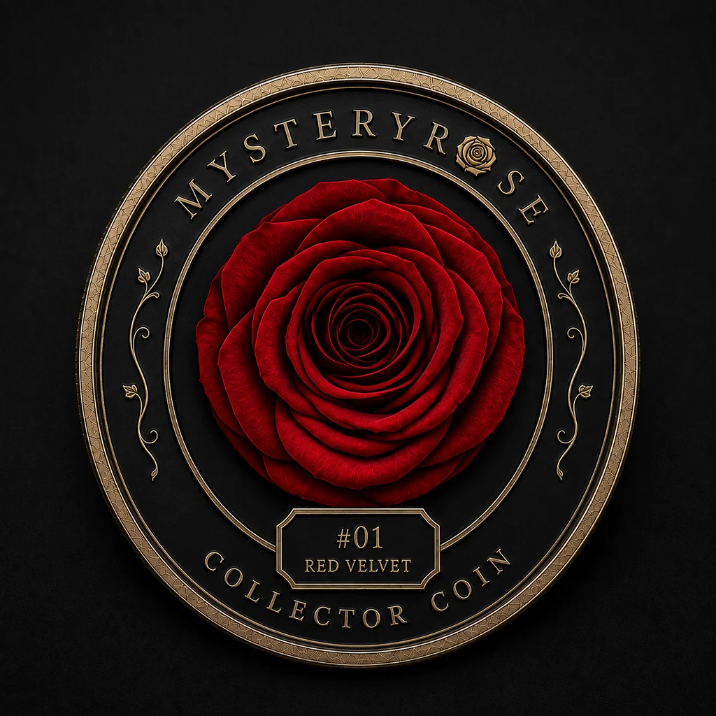 MysteryRose Collector Coin front design concept with a red rose, a gold frame and the design label number 01, Red Velvet.